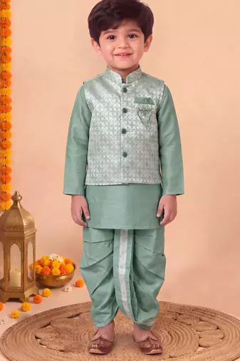boys sea green silk blend  geometric jacquard floral kurta & dhoti set with waistcoat