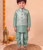 boys sea green silk blend  geometric jacquard floral kurta & dhoti set with waistcoat