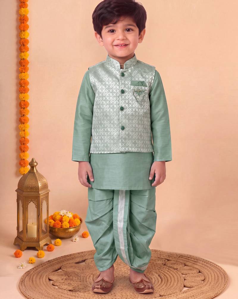 boys sea green silk blend  geometric jacquard floral kurta & dhoti set with waistcoat