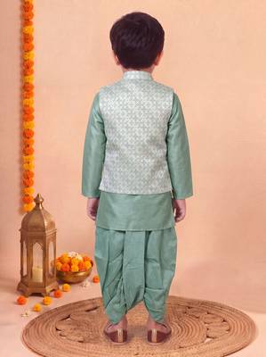 boys sea green silk blend  geometric jacquard floral kurta & dhoti set with waistcoat 2