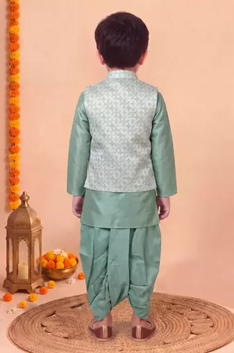 boys sea green silk blend  geometric jacquard floral kurta & dhoti set with waistcoat