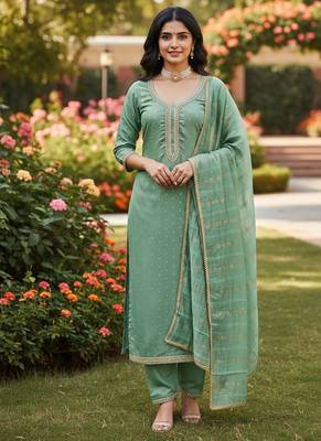 sea green weaved chanderi butti unstitched dress material  1