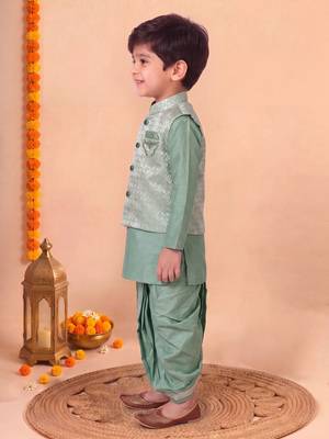 boys sea green silk blend  geometric jacquard floral kurta & dhoti set with waistcoat 3