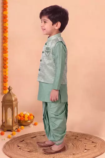 boys sea green silk blend  geometric jacquard floral kurta & dhoti set with waistcoat
