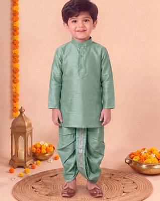 boys sea green silk blend  geometric jacquard floral kurta & dhoti set with waistcoat 4