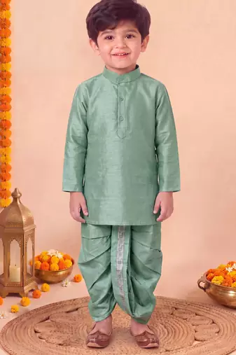 boys sea green silk blend  geometric jacquard floral kurta & dhoti set with waistcoat