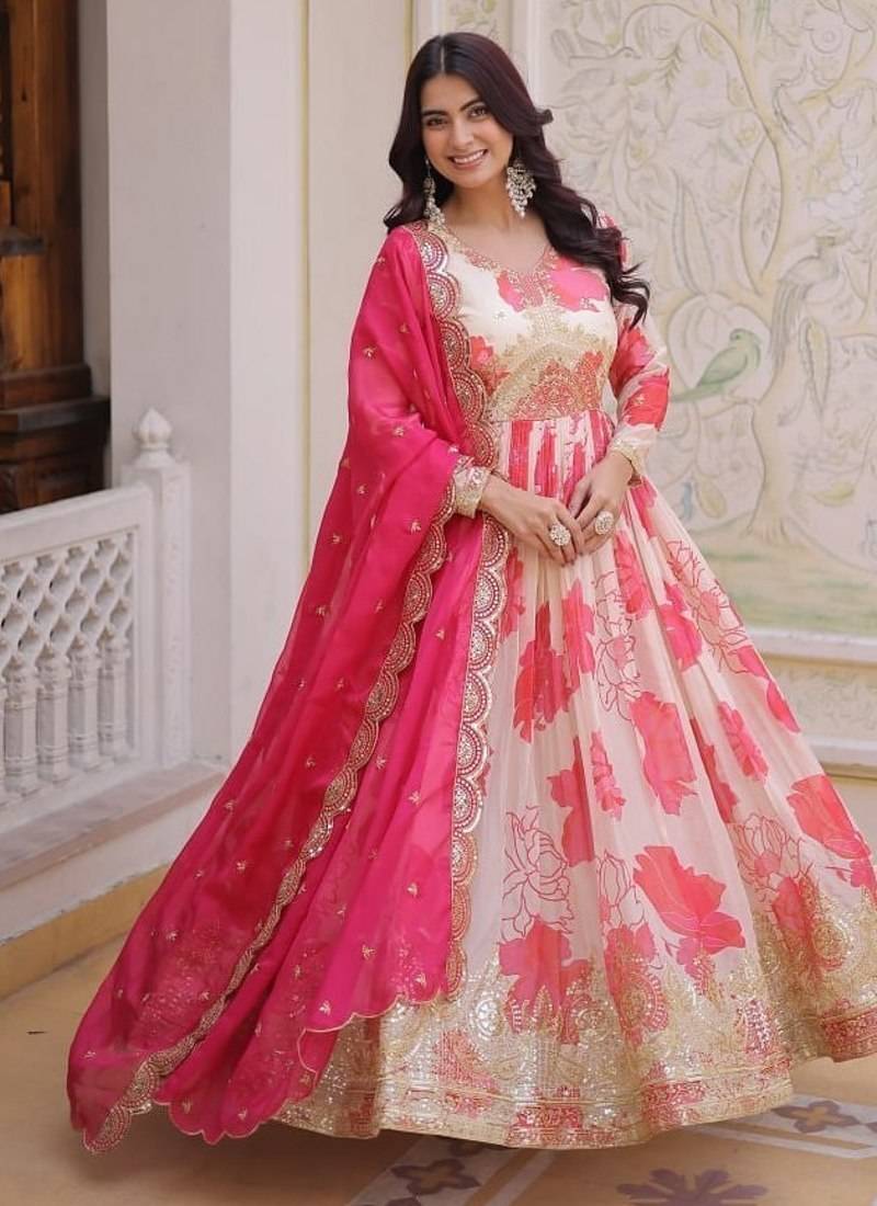 off-white color embroidery zari sequin work silk blend gown set