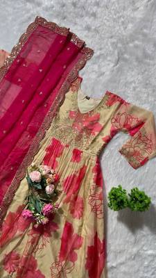 off-white color embroidery zari sequin work silk blend gown set 3