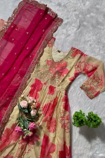 off-white color embroidery zari sequin work silk blend gown set