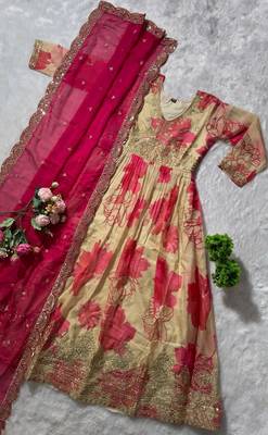 off-white color embroidery zari sequin work silk blend gown set 4