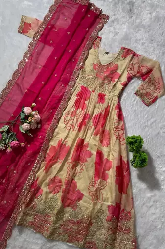 off-white color embroidery zari sequin work silk blend gown set