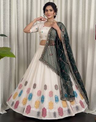 Women's Off-White Printed & Embroidered Chaniya Choli Set for  3