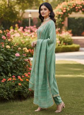 sea green weaved chanderi butti unstitched dress material  3