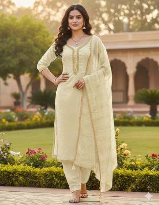 white weaved chanderi butti unstitched dress material  1