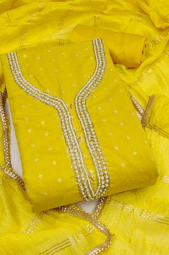 yellow weaved chanderi butti unstitched dress material 