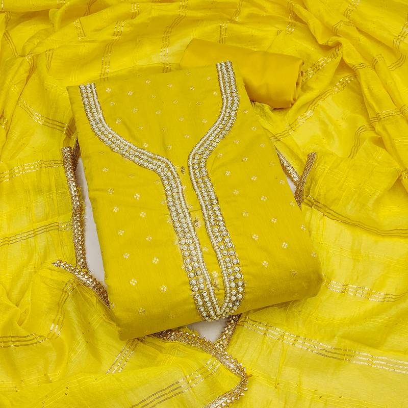 yellow weaved chanderi butti unstitched dress material 