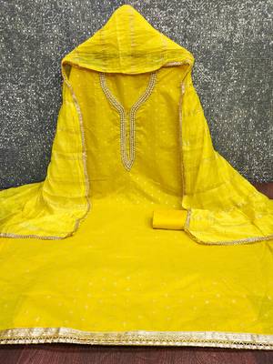 yellow weaved chanderi butti unstitched dress material  2