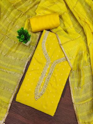 yellow weaved chanderi butti unstitched dress material  3