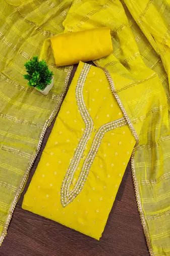 yellow weaved chanderi butti unstitched dress material 