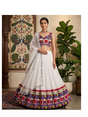White Designer Faux Georgette Lehenga Choli Set with Real Mirror Work 1