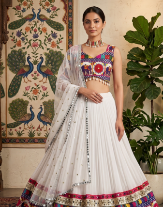 White Faux Georgette Lehenga Choli Set with Real Mirror Work