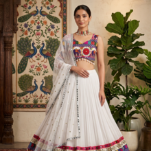 White Designer Faux Georgette Lehenga Choli Set with Real Mirror Work