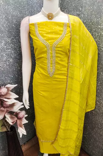 yellow weaved chanderi butti unstitched dress material 