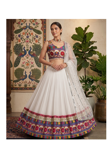 White Designer Faux Georgette Lehenga Choli Set with Real Mirror Work 2