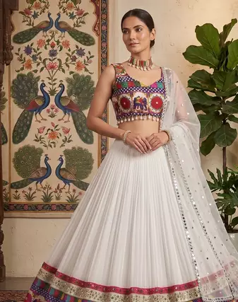 White Designer Faux Georgette Lehenga Choli Set with Real Mirror Work