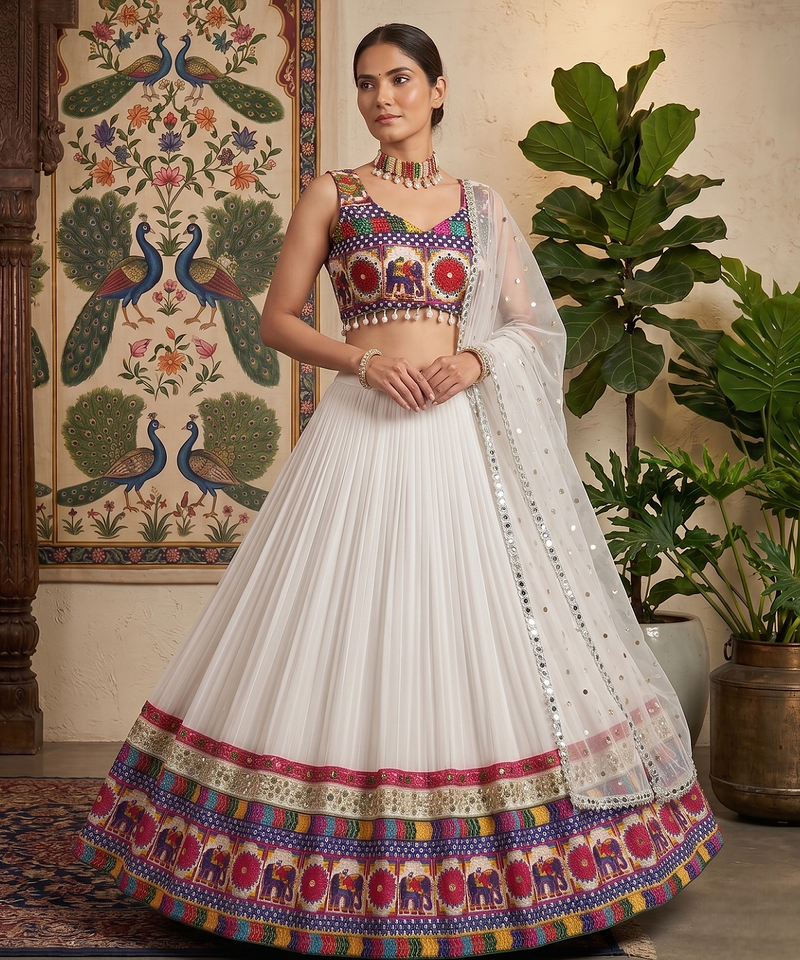 White Designer Faux Georgette Lehenga Choli Set with Real Mirror Work