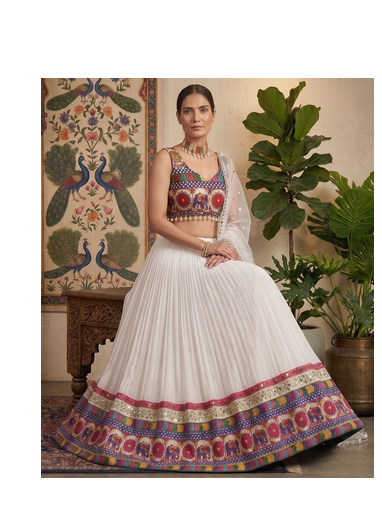 White Designer Faux Georgette Lehenga Choli Set with Real Mirror Work 3
