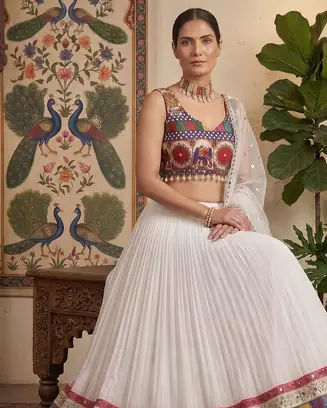 White Designer Faux Georgette Lehenga Choli Set with Real Mirror Work
