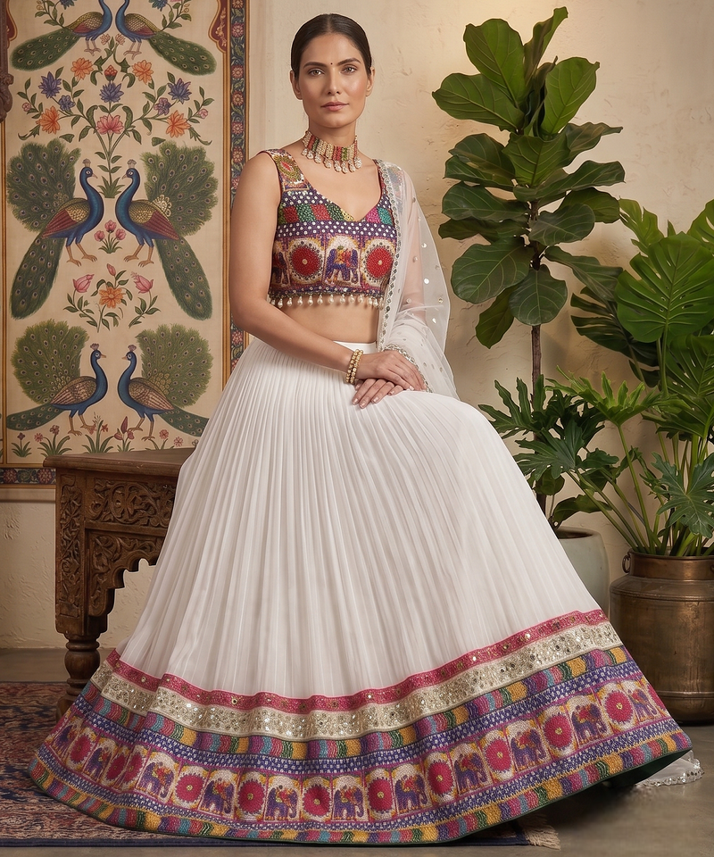 White Designer Faux Georgette Lehenga Choli Set with Real Mirror Work