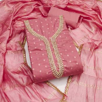 pink weaved chanderi butti unstitched dress material  1