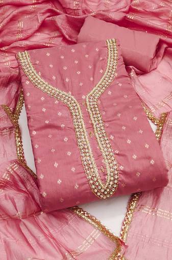 pink weaved chanderi butti unstitched dress material 