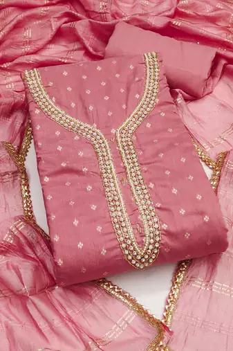 pink weaved chanderi butti unstitched dress material 
