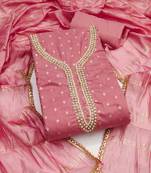 pink weaved chanderi butti unstitched dress material 