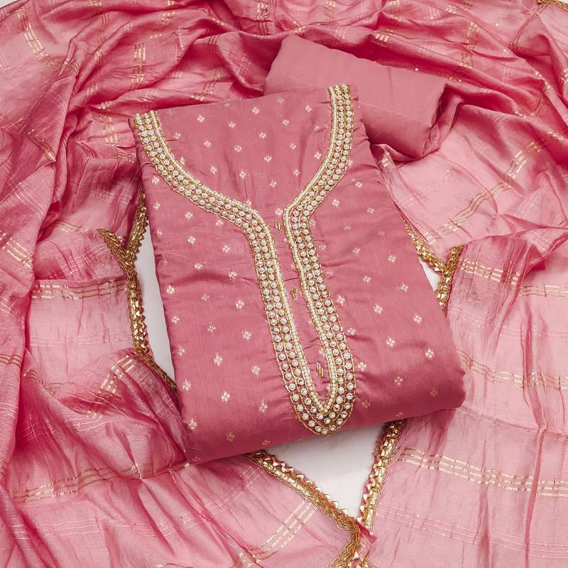 pink weaved chanderi butti unstitched dress material 