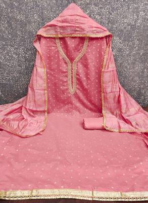 pink weaved chanderi butti unstitched dress material  2