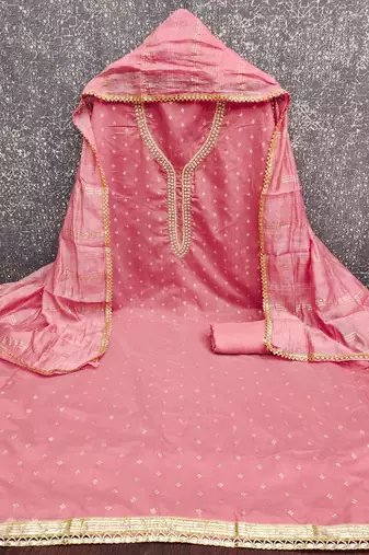 pink weaved chanderi butti unstitched dress material 