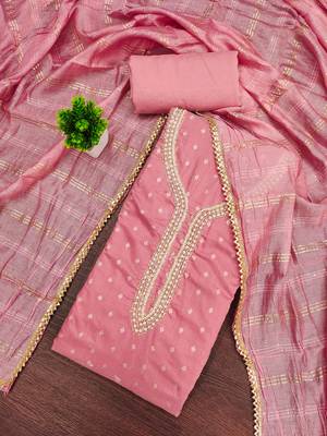 pink weaved chanderi butti unstitched dress material  3