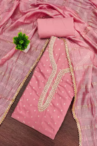 pink weaved chanderi butti unstitched dress material 