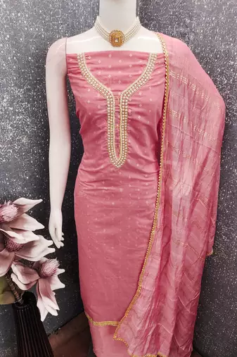 pink weaved chanderi butti unstitched dress material 
