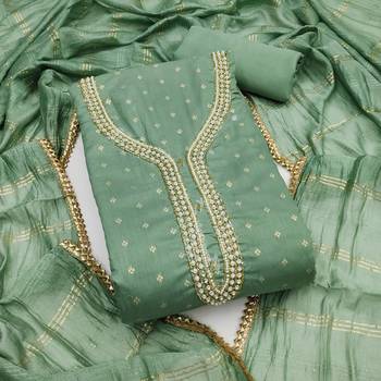 sea green weaved chanderi butti unstitched dress material  1