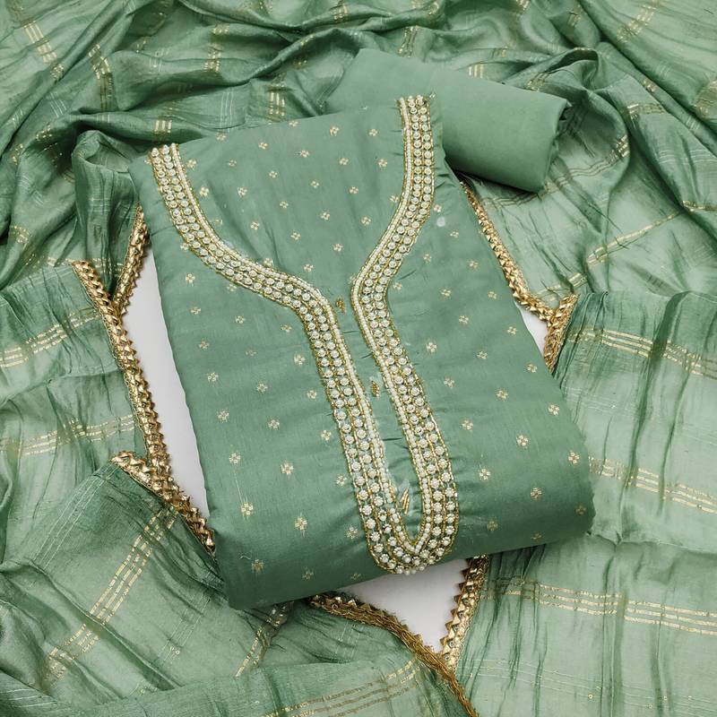 sea green weaved chanderi butti unstitched dress material 