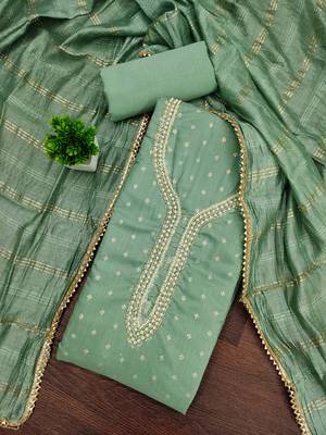 sea green weaved chanderi butti unstitched dress material  3