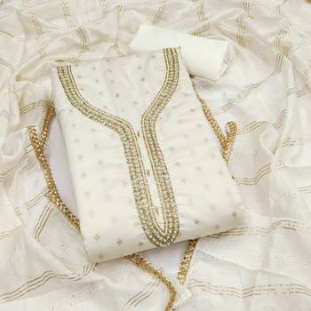 white weaved chanderi butti unstitched dress material  1