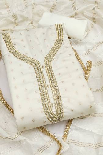 white weaved chanderi butti unstitched dress material 