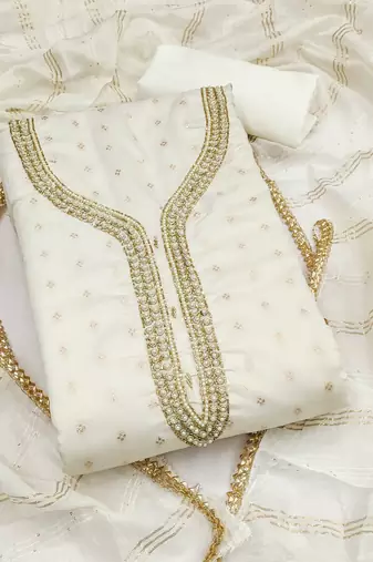 white weaved chanderi butti unstitched dress material 