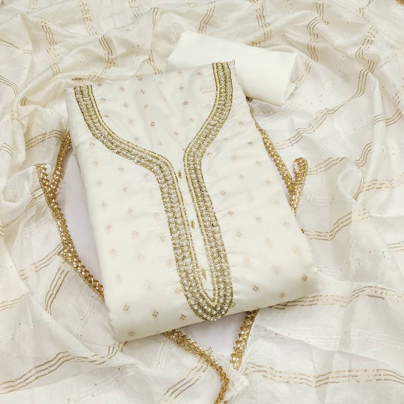 white weaved chanderi butti unstitched dress material 